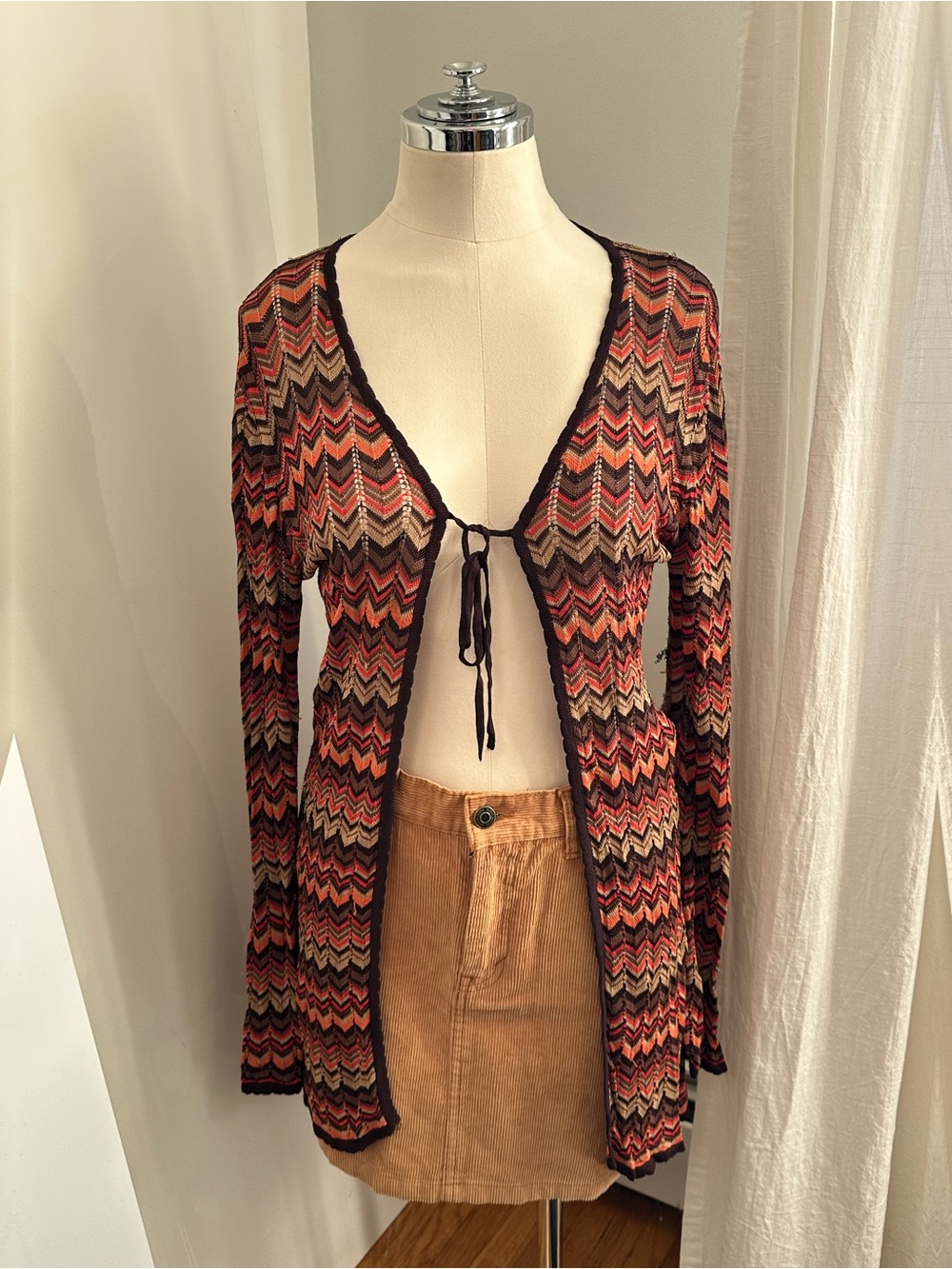 Y2K Era Whimsigoth Chevron Knit Tie Front Duster Cardigan